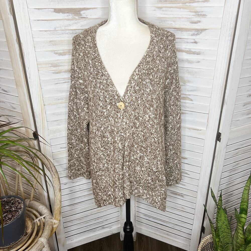 PURE JILL Women's Chunky Braided Knit Cardigan Sweater Single Button Brown Large - Picture 2 of 15